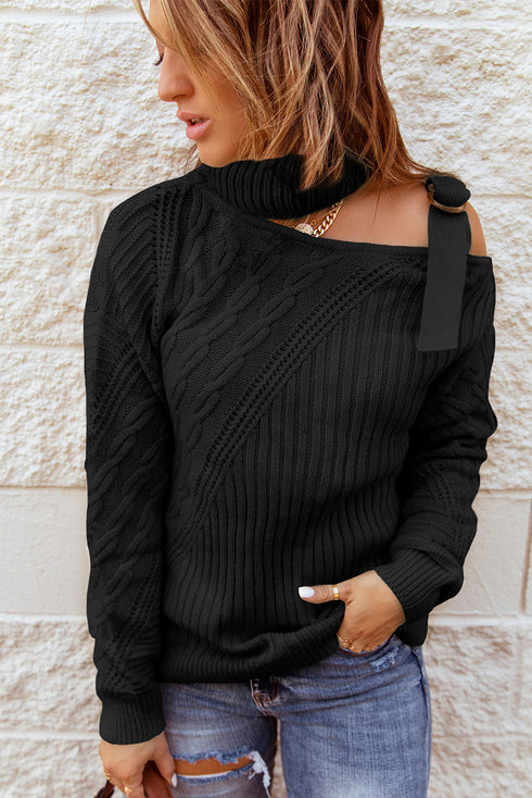 Strapped Cut Out Shoulder Turtleneck Sweater